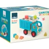 Camion en bois bleu avec roues rouges et formes géométriques colorées à encastrer