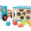 Camion en bois bleu et naturel avec formes géométriques colorées à trier