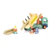 Camion forestier en bois vert et beige, ouvriers, panneaux et troncs en bois Moulin Roty