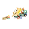 Camion forestier en bois vert et beige, ouvriers, panneaux et troncs en bois Moulin Roty