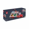 Camion porte-voitures en bois rouge avec quatre petites voitures colorées Janod