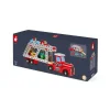 Camion porte-voitures en bois rouge Story Janod avec quatre petites voitures colorées