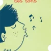 Illustration garçon souffle notes de musique, texte rouge "À la découverte des sons", carte audio Yoto.