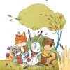 Illustration avec lapin blanc, renard, castor et raton-laveur près d’un arbre et d’un étang, Carte audio Tu as un talent uniq