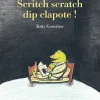 Carte audio "Même pas peur" avec illustration d'un crocodile vert en pyjama, lisant un livre dans un lit en bois sur fond som