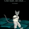 Chat anthropomorphe gris en tenue blanche sur sol carrelé bleu-vert, texte "Une nuit, un chat...
