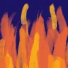 Carte audio Yoto avec illustration de flammes orange et jaune, texte "Au coin du feu" sur fond bleu.