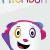Panda coloré avec casque rose et bleu, logo Radio Pitchoun multicolore.