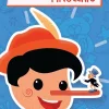 Illustration Pinocchio souriant avec chapeau rouge et petit pantin sur le nez, fond bleu.