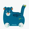 Chariot de marche panthère bleu marine en bois avec détail libellule jaune