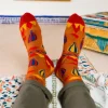 Chaussettes hiver Nager orange avec motifs bateaux bleus et jaunes, talon et pointe rouges