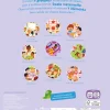 Illustrations rondes colorées représentant activités à l'école maternelle, texte descriptif bleu sur fond violet