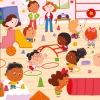Enfants jouant en maternelle avec tunnel rouge, balancoire, ballon et cônes colorés