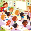 Illustration colorée enfants en maternelle avec maîtresse, affiches et cahiers rouge et bleu.