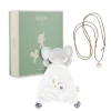 Coffret Kaloo avec doudou éléphant gris blanc étoiles et bola rose sur cordon marron