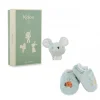 Coffret Kaloo vert avec chaussons bleus souris brodés coccinelle et bracelet sonore souris bleu pâle