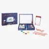 Coffret cinéma Moulin Roty bleu avec projecteur, 4 disques colorés et tickets roses.