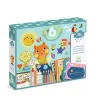 Coffret créatif Djeco Le chat et ses amis avec crayons colorés et illustrations d'animaux.