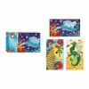 Coffret créatif Janod avec sequins à coller, motifs dragons bleu, jaune et vert.