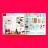 Livre ouvert avec recette illustrée pour sablés décorés, motifs de Noël colorés, personnages animés au bas.