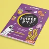 Coffret KIMOMÖ Soirée Pyjama violet avec dessins fantômes, pop-corn, et tatouages phosphorescents.
