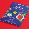 Coffret KIMOMÖ bleu avec illustrations colorées de repas et mains sur fond rouge
