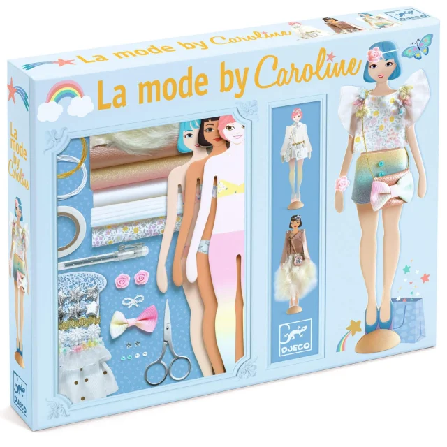 Coffret styliste La mode by Caroline, poupées en carton, tissus, accessoires couture colorés.