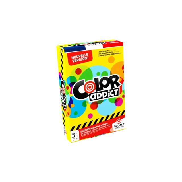 Boîte jaune Color addict jeu de cartes avec bulles colorées et logo Pixie Games