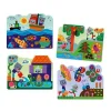 Quatre scènes colorées avec animaux, bateau, jardin, papillons, plantes et rivière, Djeco.