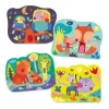 Quatre illustrations colorées d'animaux forestiers, hiboux, renards, ours, chats, Djeco