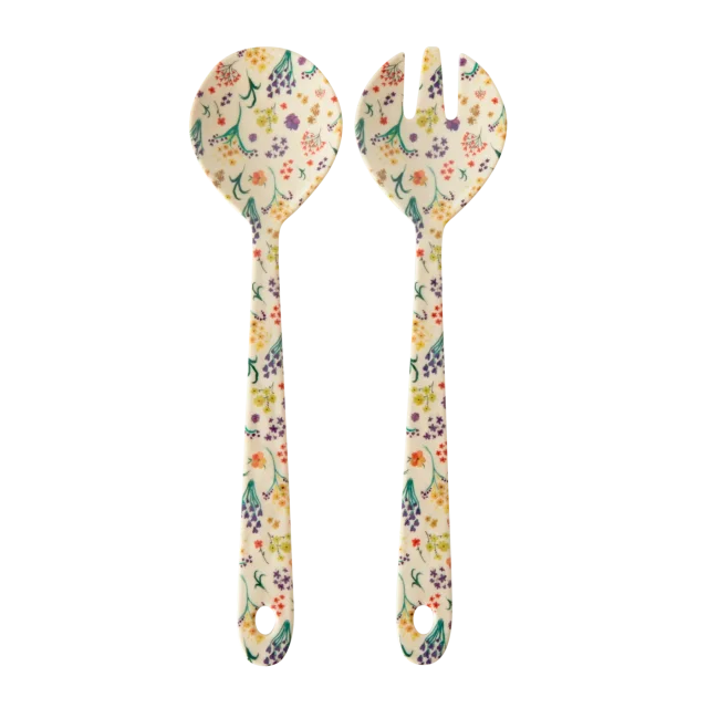 Couverts salade en mélamine blanc motifs fleurs colorées Wild flower print Rice.