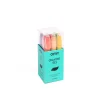 Boîte turquoise de crayons gel OMY avec neuf crayons de couleurs variées, capuchons transparents.