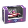 Voiture de course rouge métal avec pilote violet casque, packaging violet Crazy Motors Miss Burgundy