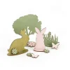 Lapins en bois vert et rose, arbres, fleurs et papillons à monter