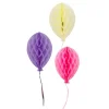 Décoration 3 ballons nid d'abeille en papier jaune, violet et rose avec ficelles.
