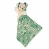 Doudou chien beige en peluche tenant un carré douceur vert motif chiens et arbres