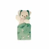Doudou chien beige avec carré vert motifs animaux Kaloo, tissu doux peluche