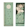Doudou chien beige en peluche avec carré douceur vert motifs animaux, boîte Kaloo.