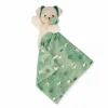 Doudou chien beige en peluche tenant un carré douceur vert motif chiens et arbres