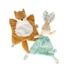 Doudou Renard Léonard Kaloo en tissu orange et blanc doux, forme carrée avec queue.