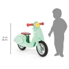 Draisienne scooter Mint en bois vert menthe, poignées rouges, siège marron.