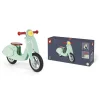 Draisienne scooter en bois mint, poignées et siège rouges, roues noires, boite.