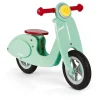 Draisienne scooter Mint en bois vert menthe, poignées rouges, siège rouge, roues noires.
