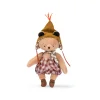 Petit ours en peluche Emile Les Minouchkas, chapeau ocre et salopette à carreaux rouges