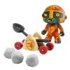 Figurine Chevalier Baldy orange noir avec catapulte en bois et rochers blancs