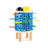 Jeu en bois Giga Bomb Les Loufoques, structure bleue avec tiges multicolores et billes jaune et noire.