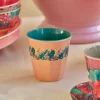 Gobelet médium corail en mélanine avec bande fleurie colorée intérieur vert pétrole