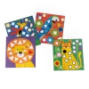Cartes Les Toupitis avec animaux colorés et gommettes géométriques à coller.