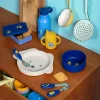 Gourde bleue Puce et Pilou avec dessin d'ours et animaux colorés, plastique.