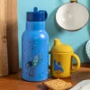 Gourde bleue Puce et Pilou avec oiseau et étoiles colorées, bouchon bleu